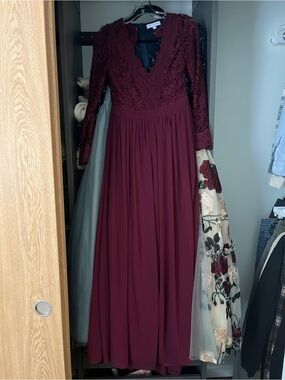 Lulu's Burgundy Lace Bodice Long Sleeve Prom Dress